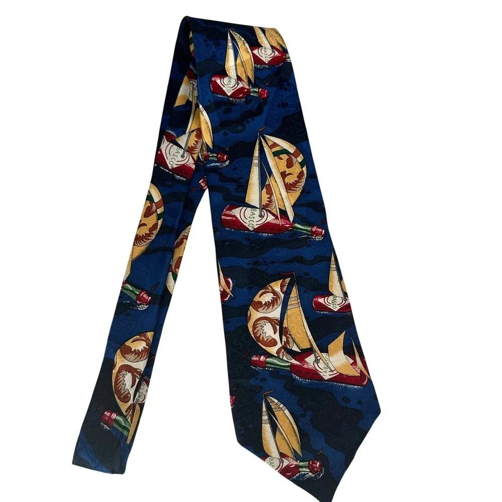 Tabasco Mens Silk Necktie Navy Blue Sailboat Hot Sauce Novelty Made in USA